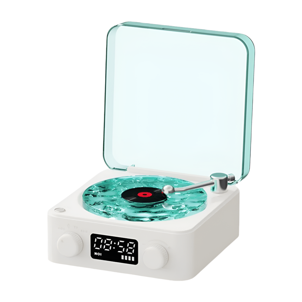 Small turntable with a digital display on a white background