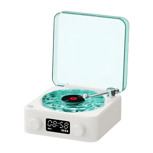 Small turntable with a digital display on a white background