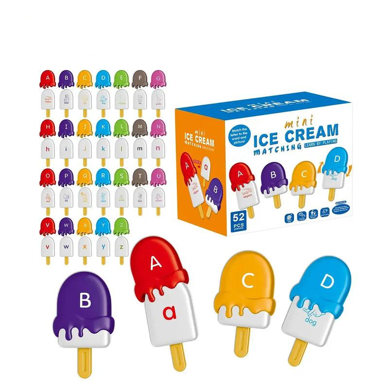 Mini ice cream matching game set with colorful letters on a black background