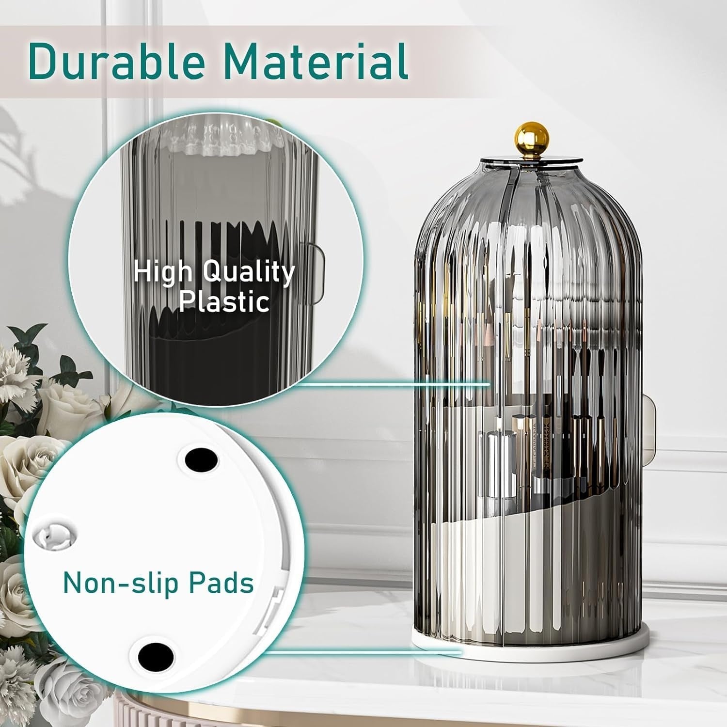 Makeup Brush Holder – 360° Rotating Organizer with Dustproof Lid