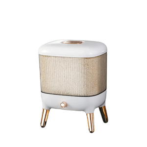 Rotating rice dispenser on a kitchen counter with grains visible.