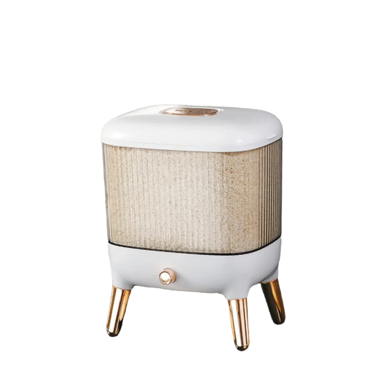 Rotating rice dispenser on a kitchen counter with grains visible.