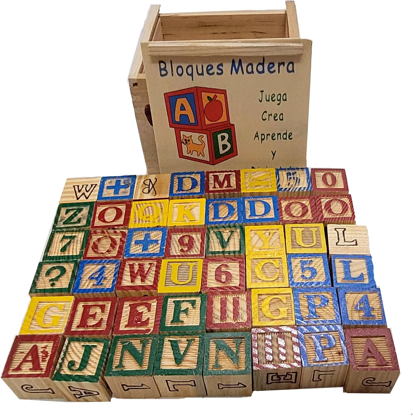 48 colourful wooden blocks displaying letters, numbers, and images arranged for educational play.







