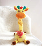 Plush giraffe toy with colorful accents on a soft white background