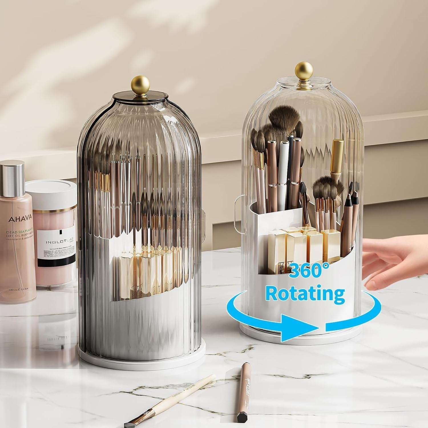 Makeup Brush Holder – 360° Rotating Organizer with Dustproof Lid