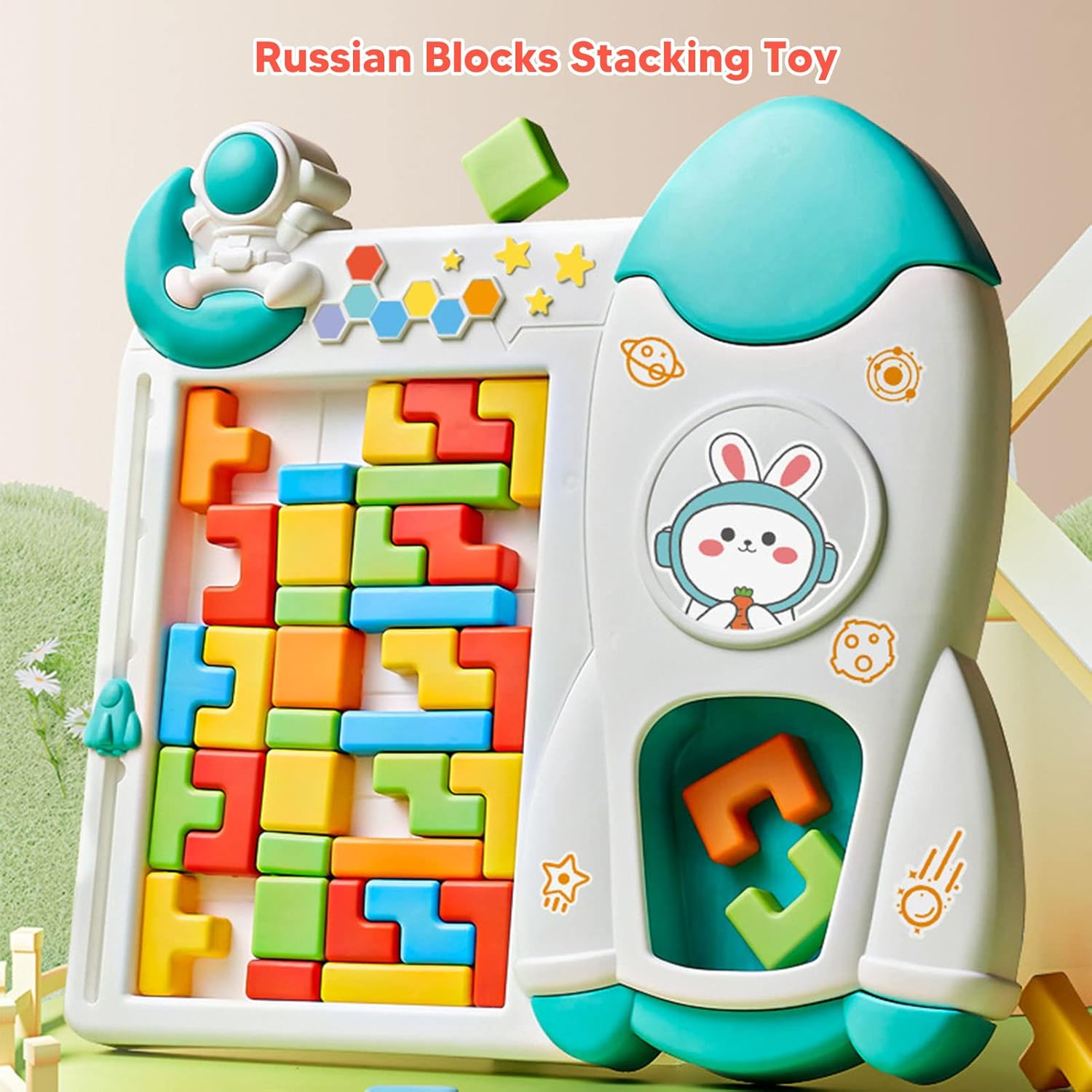 Colorful Tetris 3D puzzle blocks stacked in various shapes.