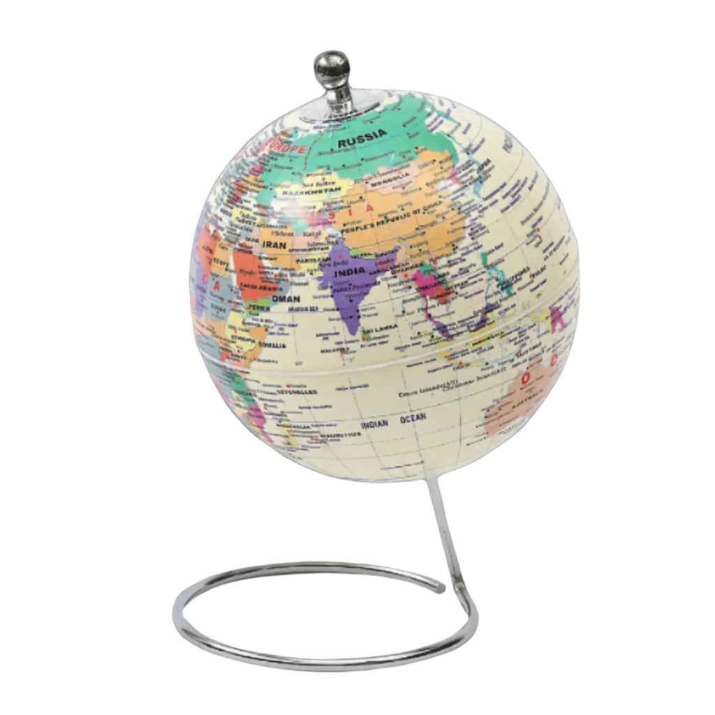 A cream-colored globe with clearly labeled countries and oceans, mounted on a minimalist silver stand.








