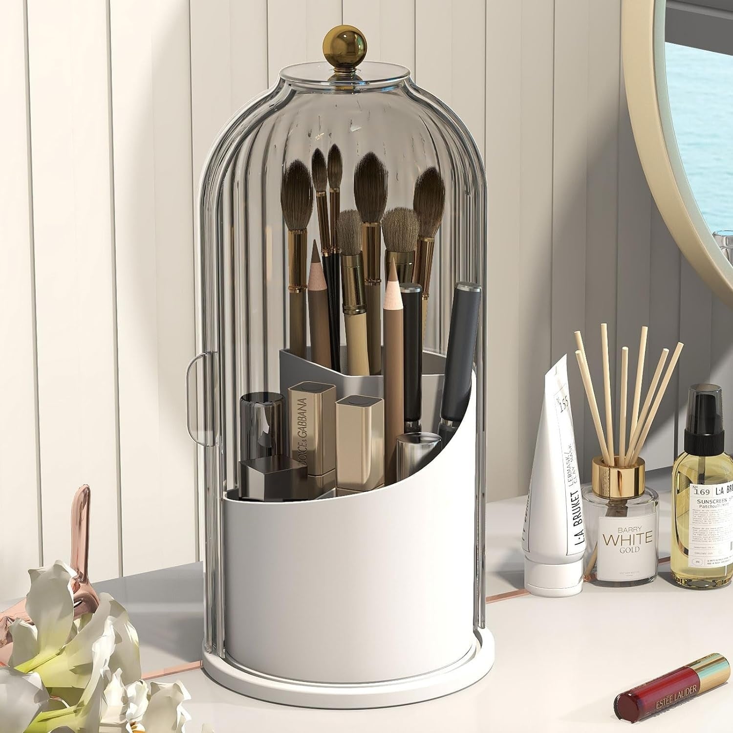 Makeup Brush Holder – 360° Rotating Organizer with Dustproof Lid