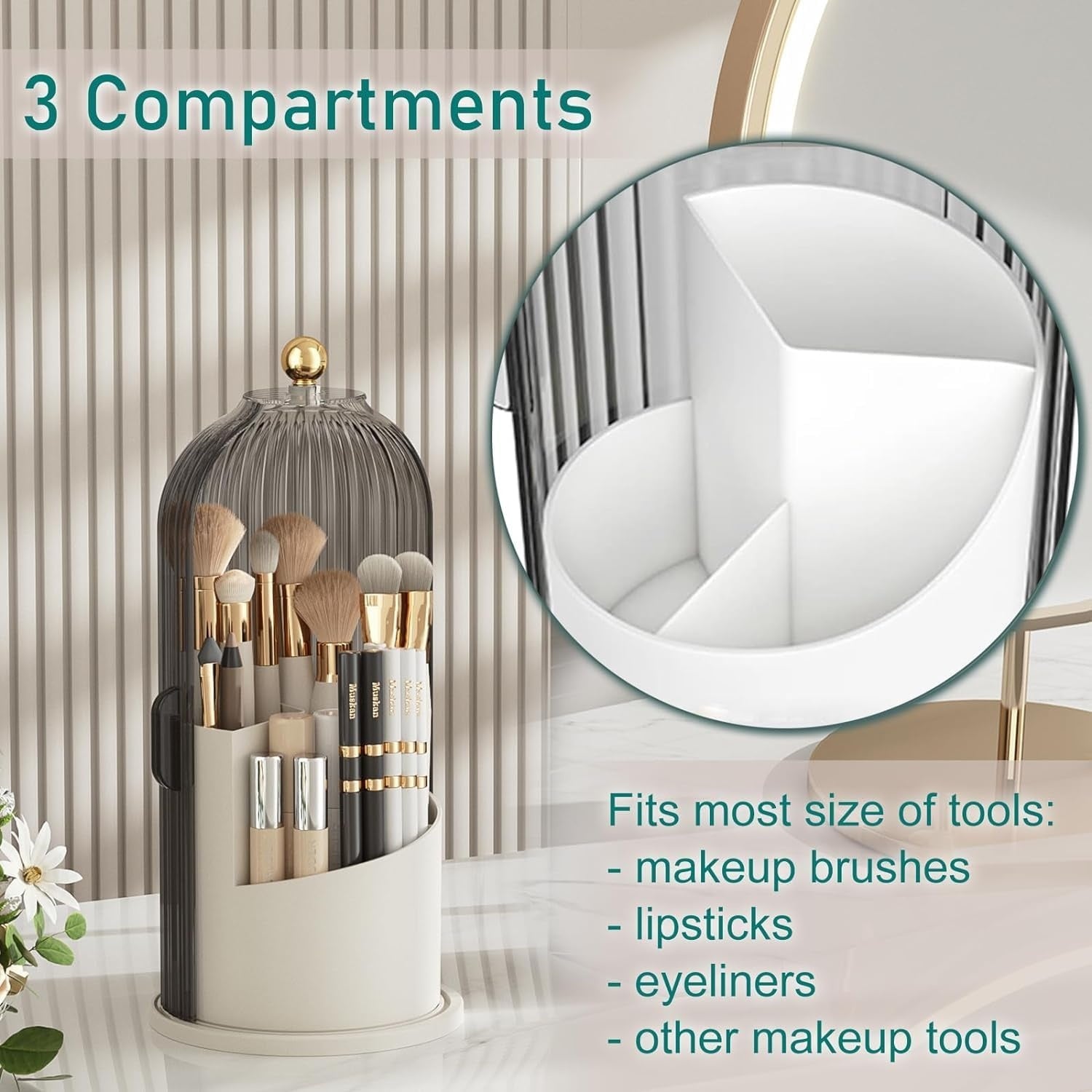 Makeup Brush Holder – 360° Rotating Organizer with Dustproof Lid