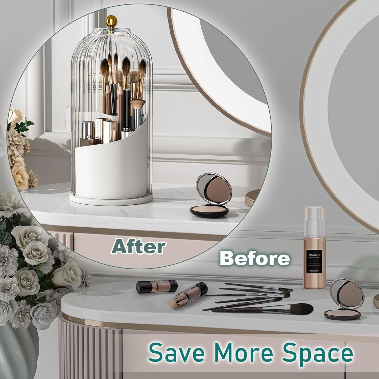 Makeup Brush Holder – 360° Rotating Organizer with Dustproof Lid