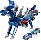 Toy figure of a robot transforming into a car on a white background