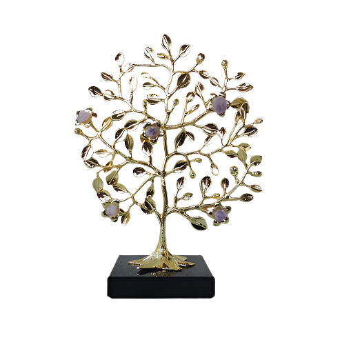 Metal Tree of Life table decor adorned with amethyst pebbles, measuring 10" H x 7.5" L x 4" D, symbolizing growth and balance.