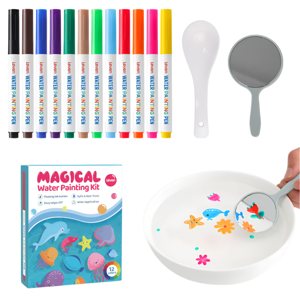 Set of water painting pens, a spoon, a mirror, and a 'Magical Water Painting Kit' on a white background.