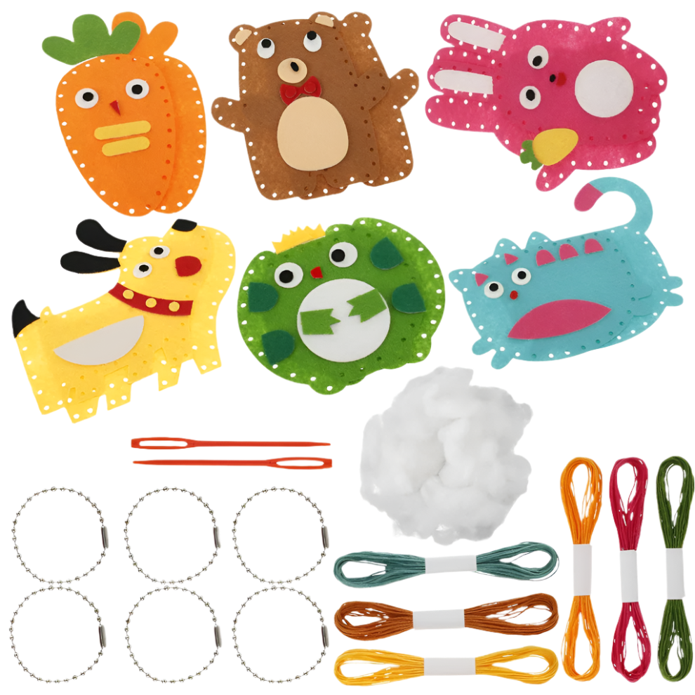 Set of colorful animal-themed craft supplies on a white background