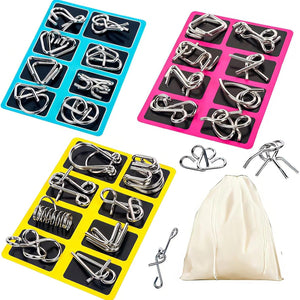 Set of metal hooks on colorful trays with a drawstring bag on a white background
