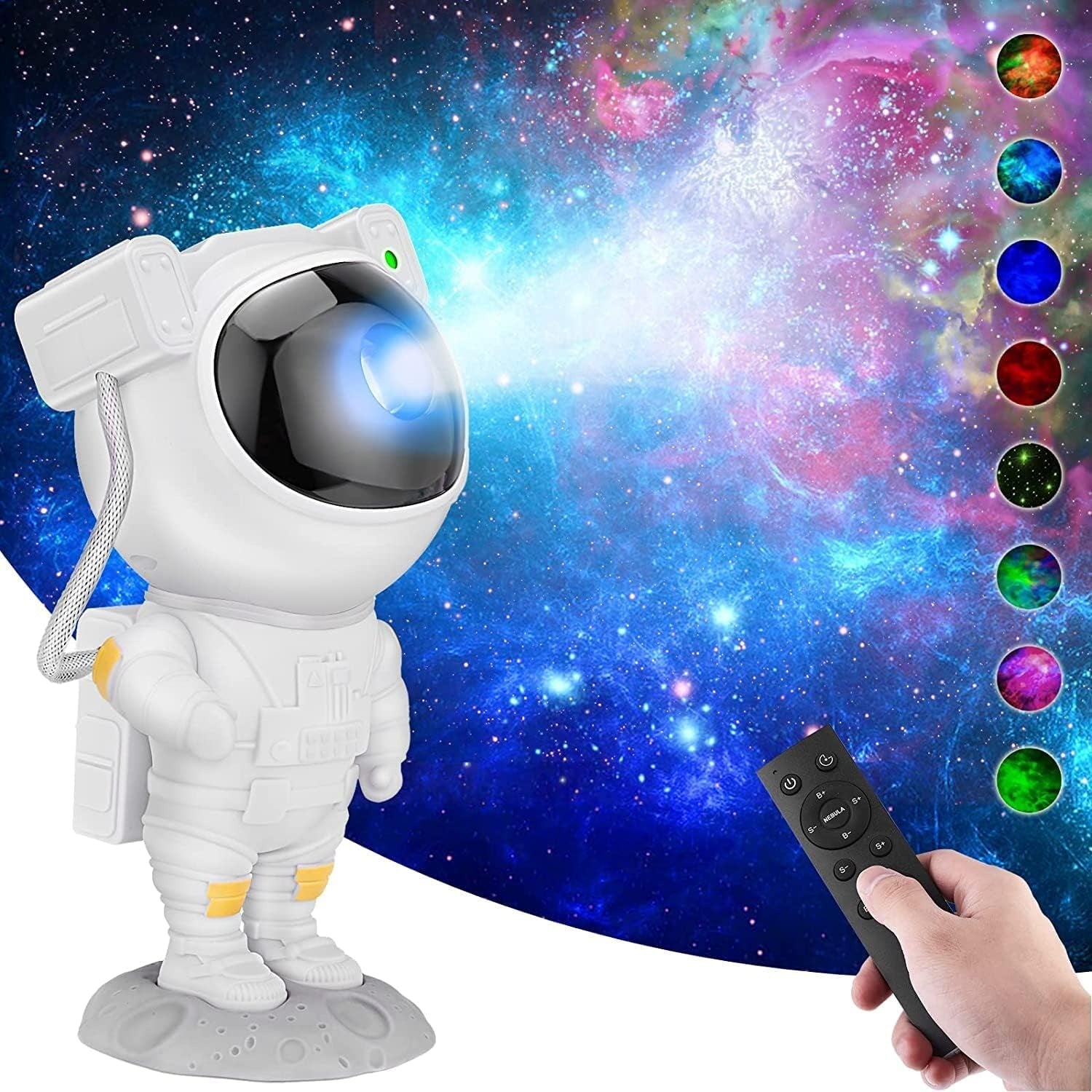 Astronaut-shaped galaxy projector night light emitting colorful nebula patterns.