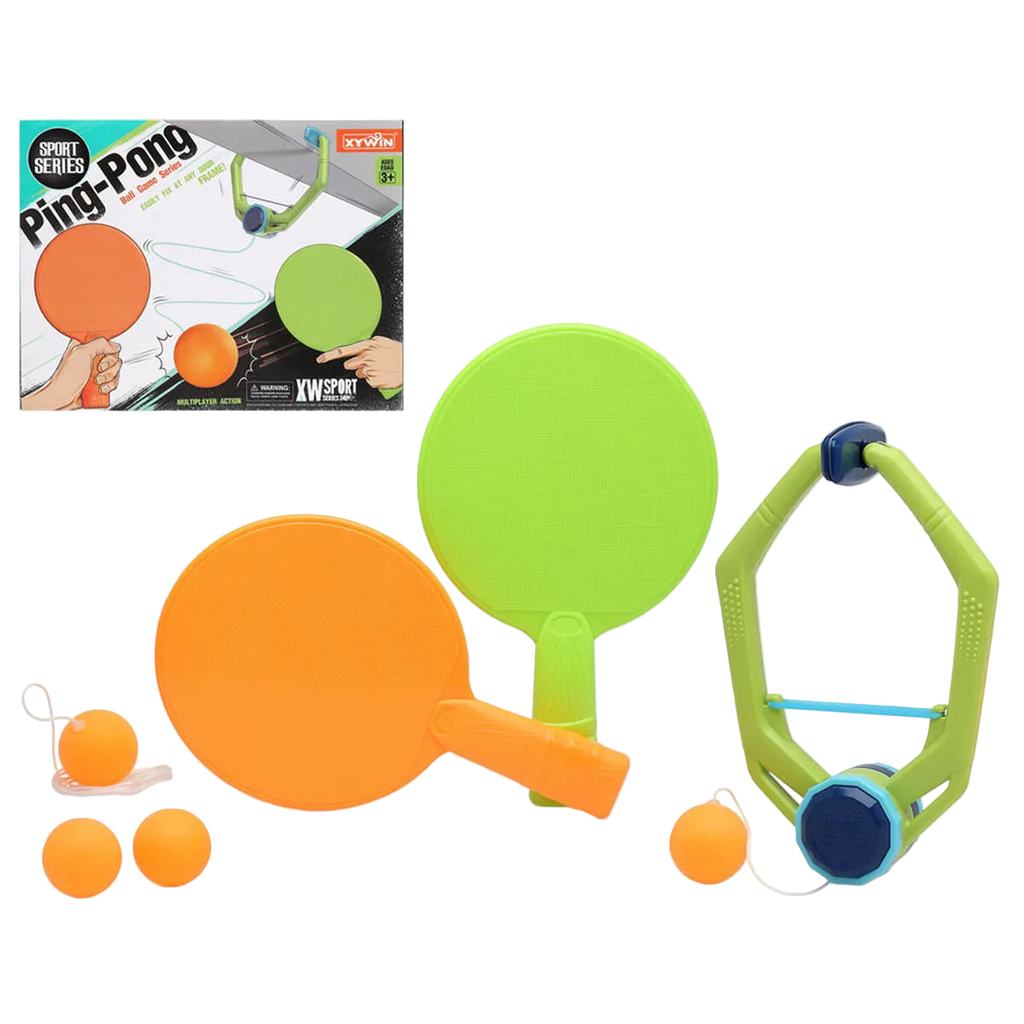 Ping pong set with rackets, balls, and packaging on a white background