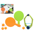 Ping pong set with rackets, balls, and packaging on a white background