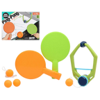 Ping pong set with rackets, balls, and packaging on a white background