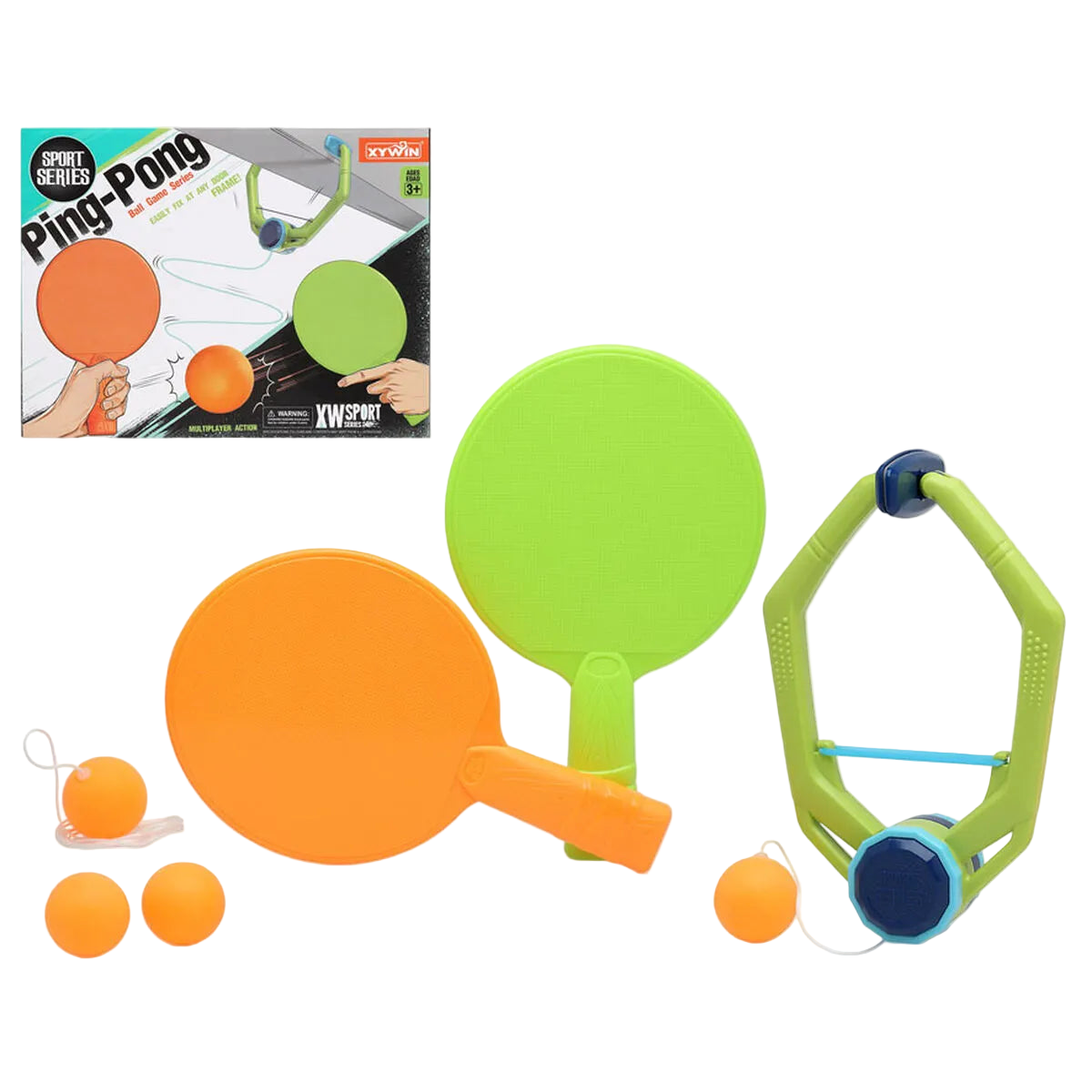 Ping pong set with rackets, balls, and packaging on a white background