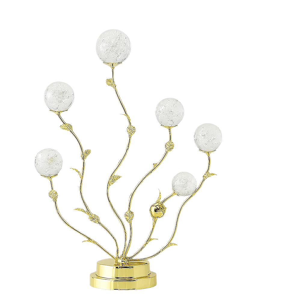 Decorative lamp with gold branches and white spherical elements on a white background