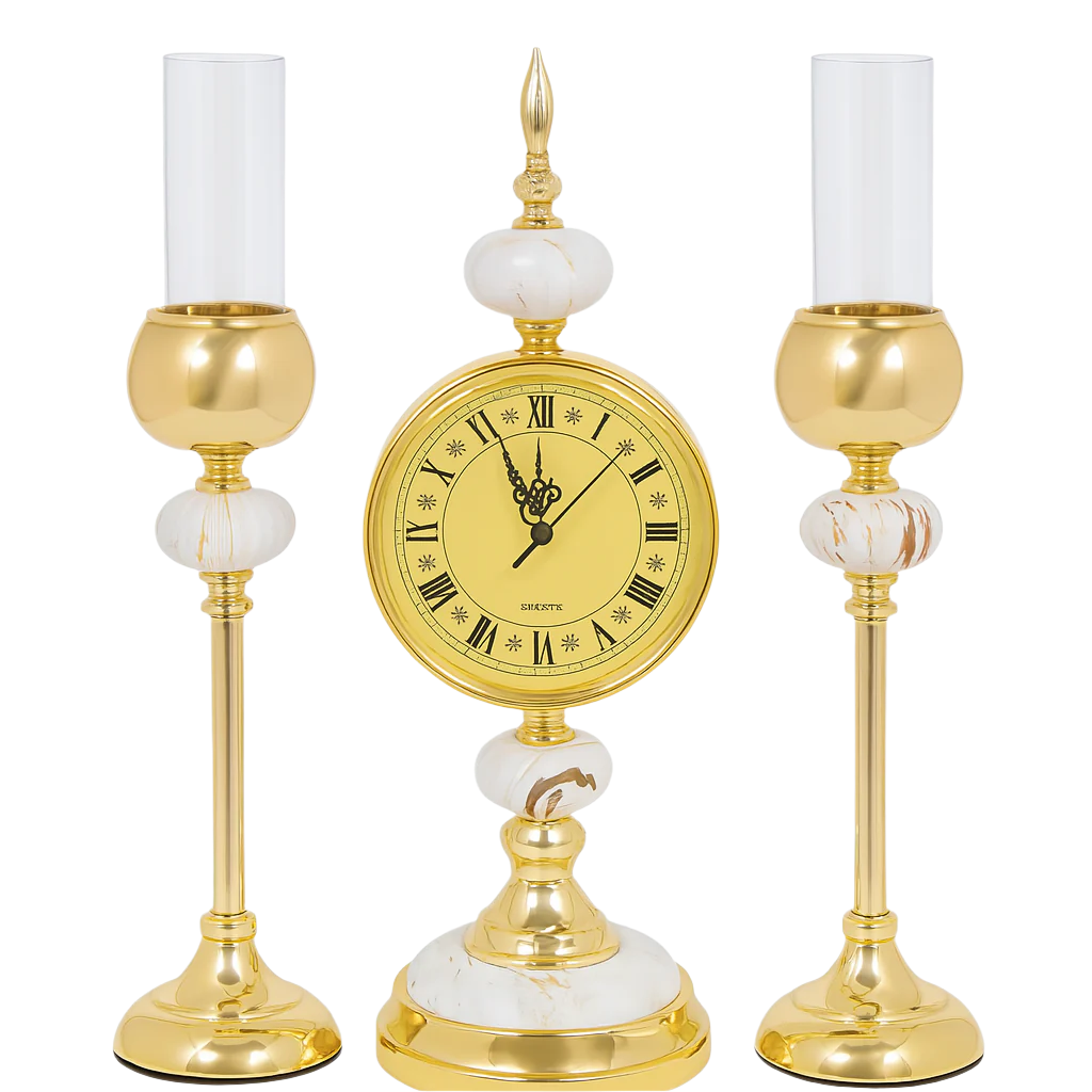 Gold clock with candle holders on a white background