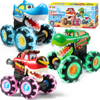 Toy monster trucks with colorful designs and a box in the background