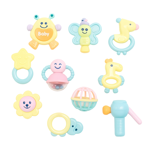 Set of colorful baby toys on a white background