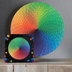 Color wheel puzzle with packaging on a wooden surface