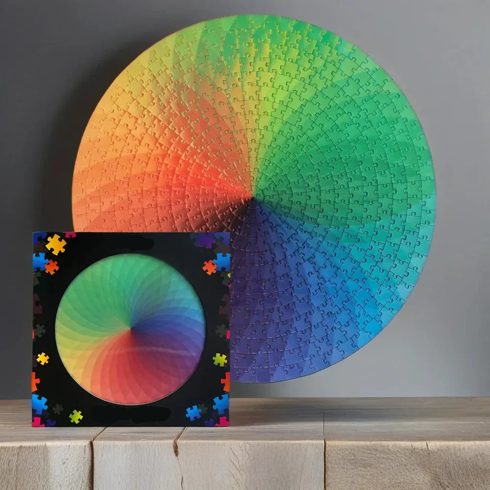 Color wheel puzzle with packaging on a wooden surface