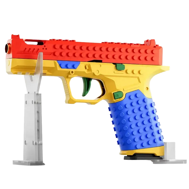 Assembled DIY tactical building block blaster handle toy in black and grey, standing on a white background.