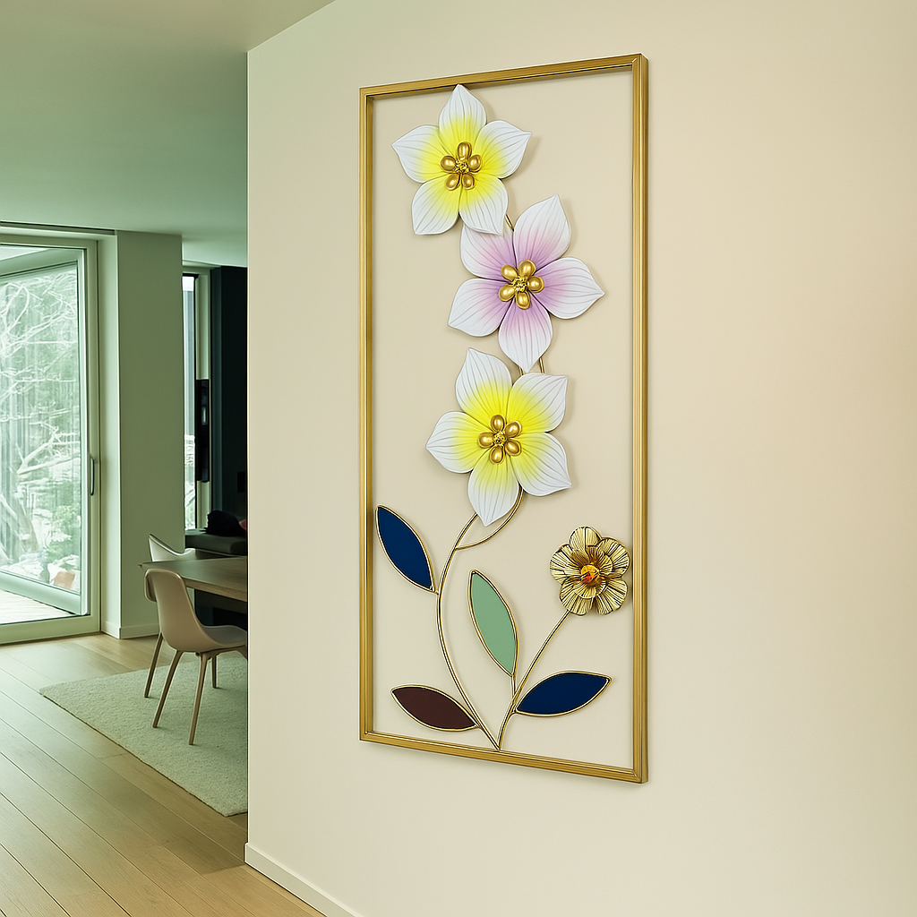 Tall rectangular gold frame showcasing pastel-colored metal flowers in soft pink, yellow, and white shades, accented by multi-colored leaves.








