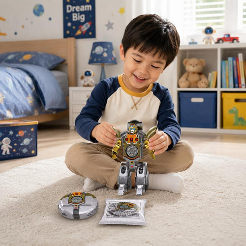 Child playing with a toy robot in a bedroom setting