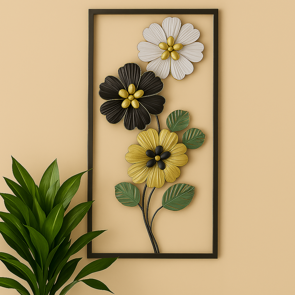 Rectangular black frame showcasing elegantly arranged metal flowers in black, white, and gold hues, accented with stylish green leaves.








