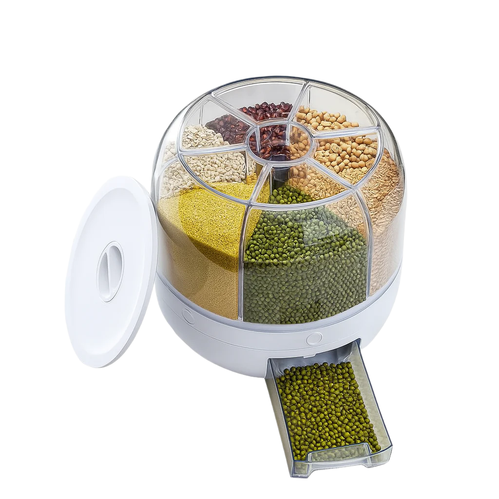 Spice organizer with compartments filled with various spices on a white background