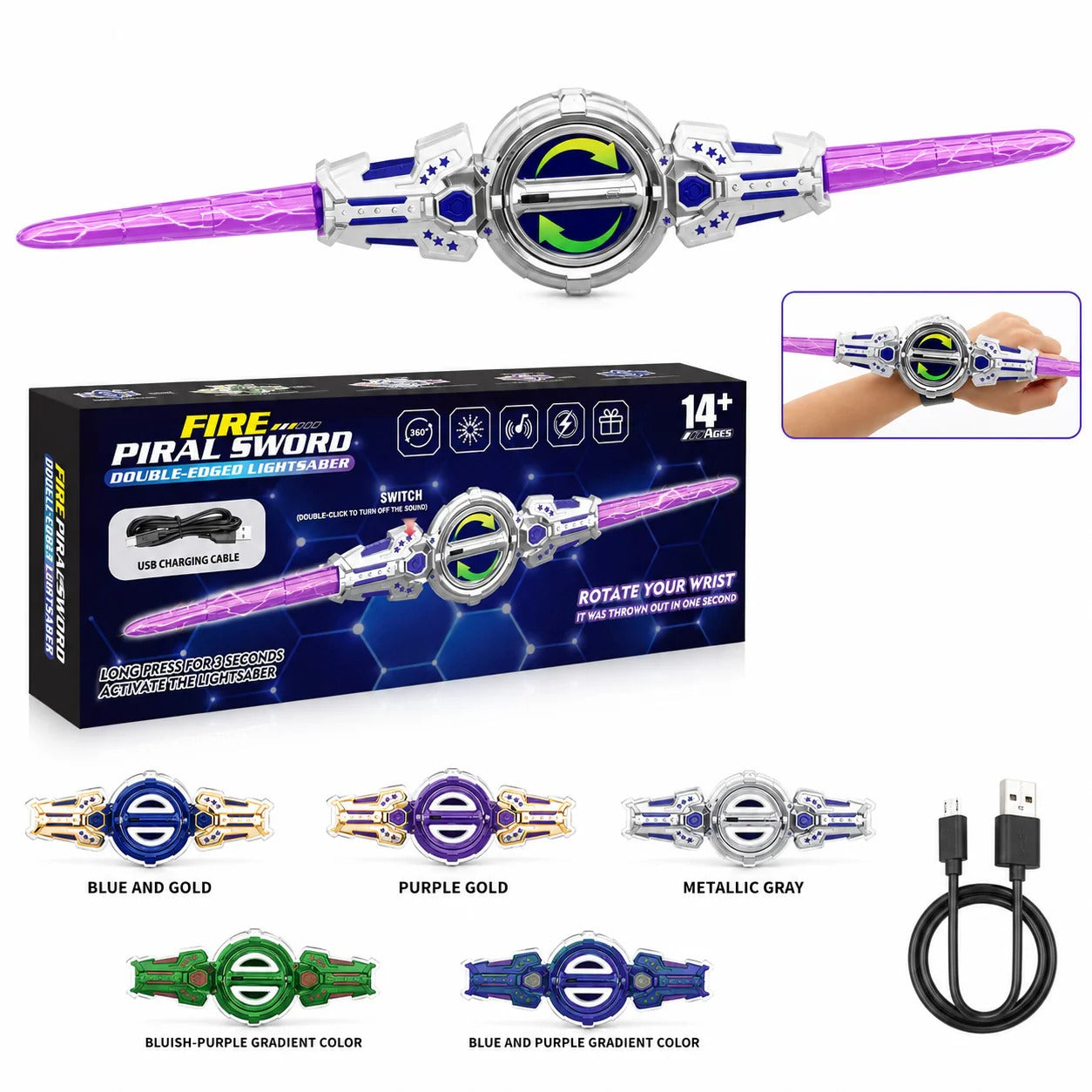 Fire Spin Sword all color variants blue gold purple metallic with USB Type-C cable