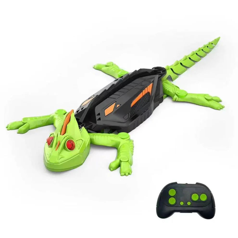 Electric lizard toy with glowing LED eyes crawling on floor