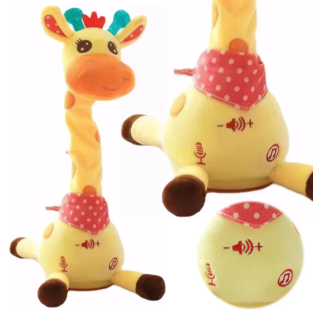 Plush giraffe toy with interactive elements on a white background