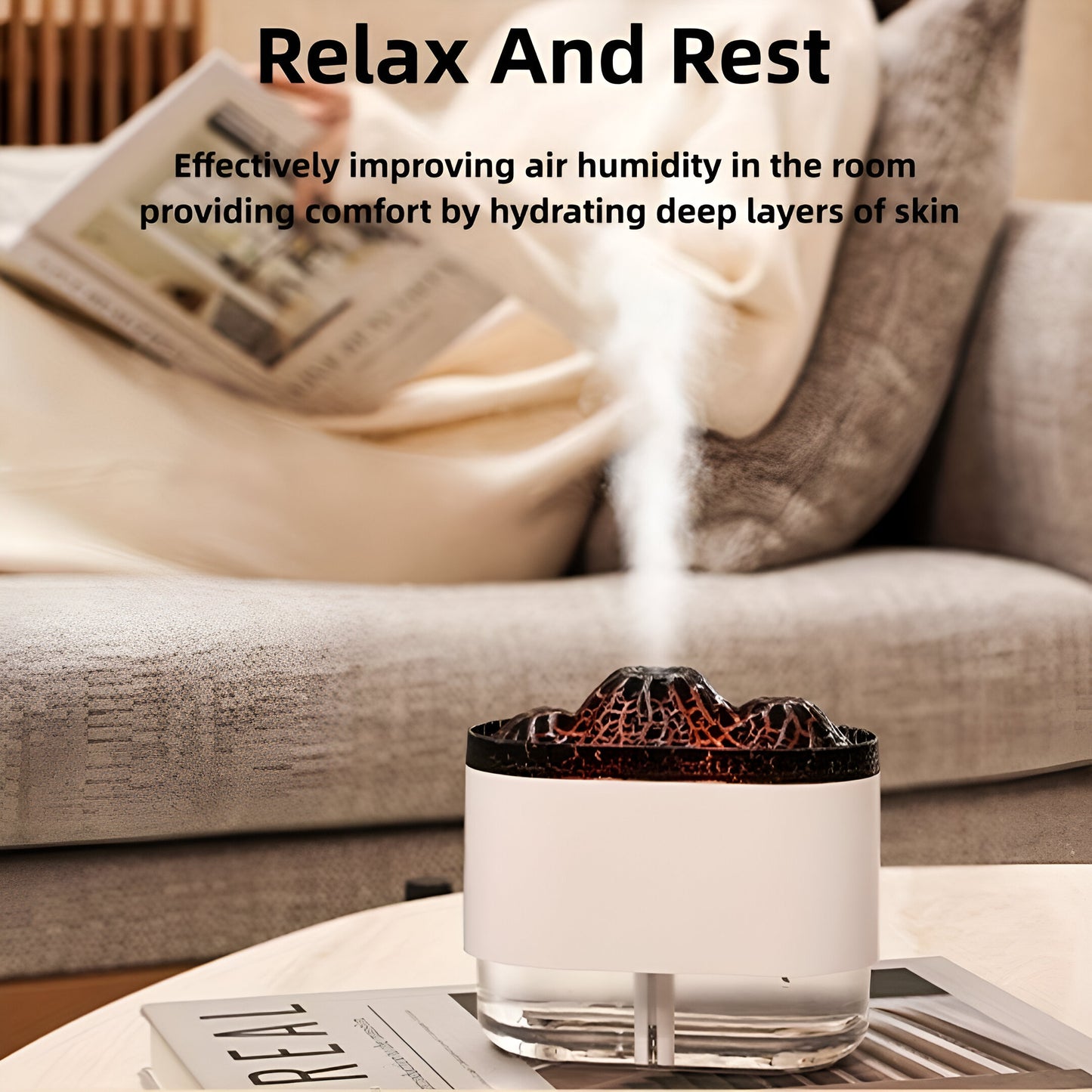 Volcano Humidifier - 300ml، 7 رنگین گراڈینٹ لائٹ، دو سپرے موڈ