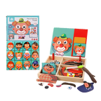 Children's educational toy set with facial features puzzle and accessories, branded as Brain Toys.