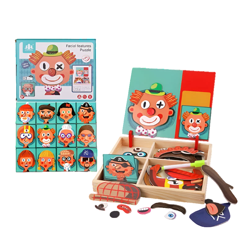 Children's educational toy set with facial features puzzle and accessories, branded as Brain Toys.