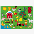 Children's farm-themed play mat with various farm animals and objects on a green background.