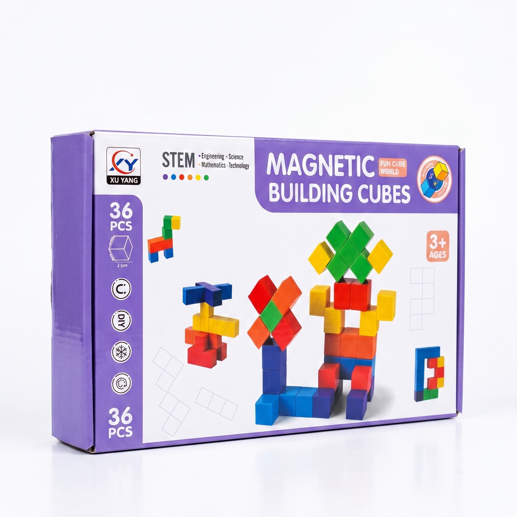 Box of magnetic building cubes with colorful illustrations on a white background
