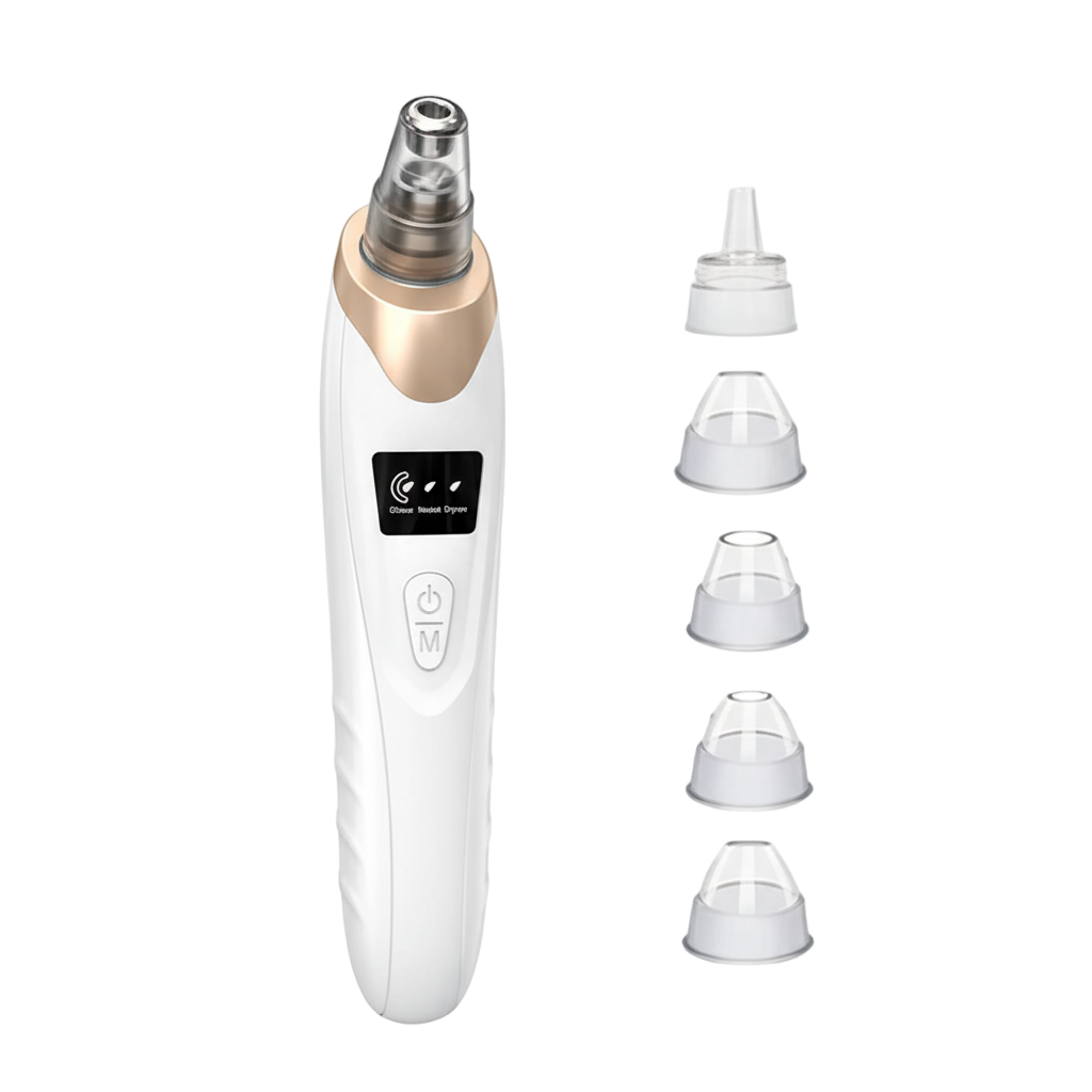 White and gold electronic device with multiple attachments on a white background
