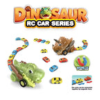 Two remote-control dinosaur cars towing chains of magnetic mini cars behind them, with 2.4GHz remotes