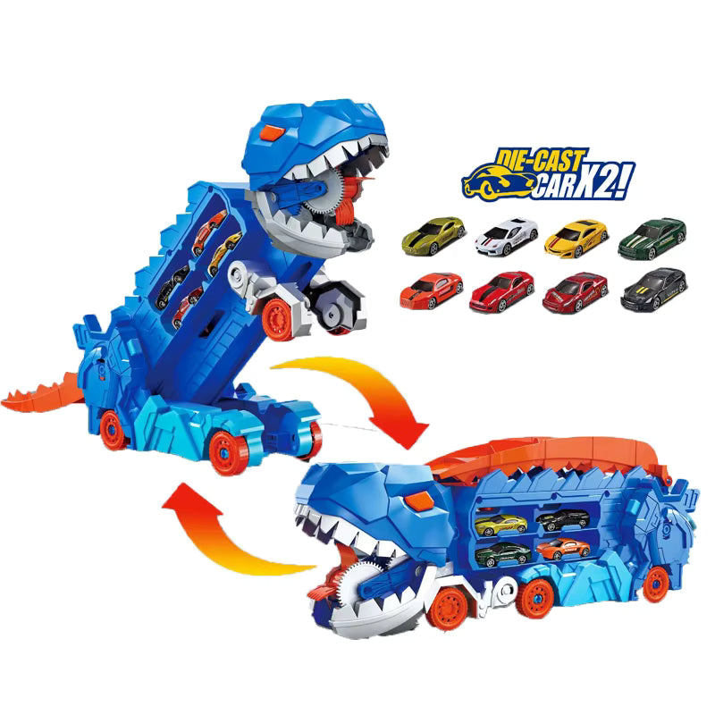 Car-swallowing T-Rex transport truck standing up as a dinosaur with two race tracks and die-cast cars