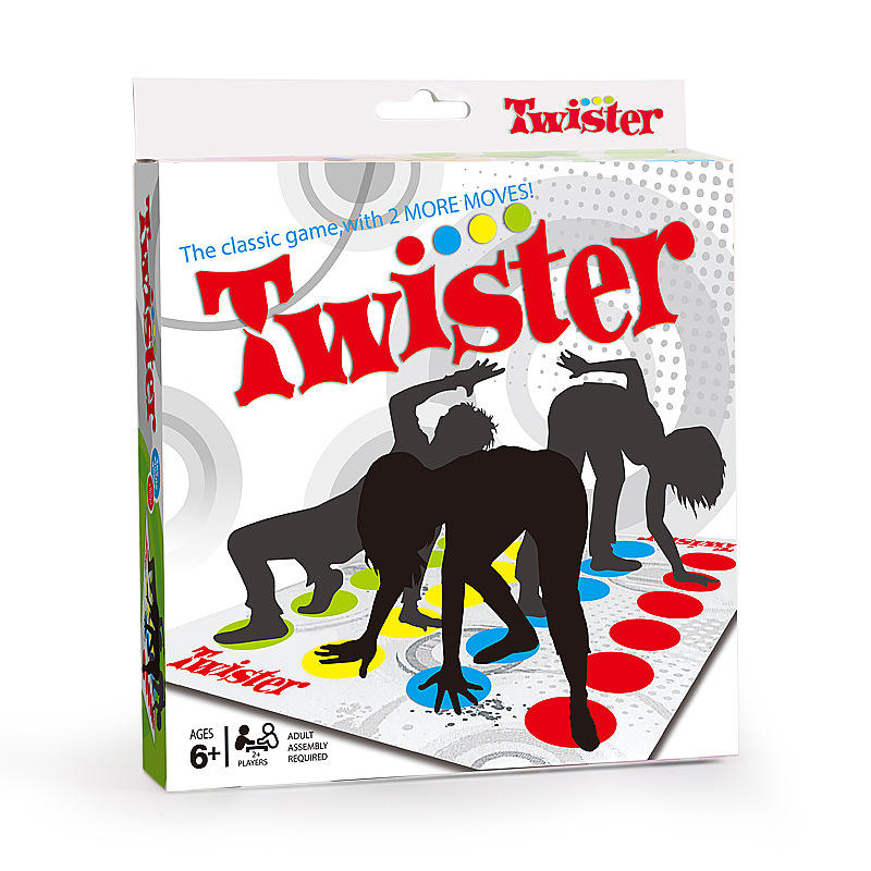 Players twisting on a colorful Twister mat, following spinner instructions during a lively game session.







