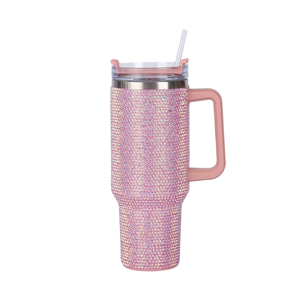 A 40 oz. tumbler adorned with shimmering rhinestones, complete with a secure lid and straw for stylish on-the-go hydration.