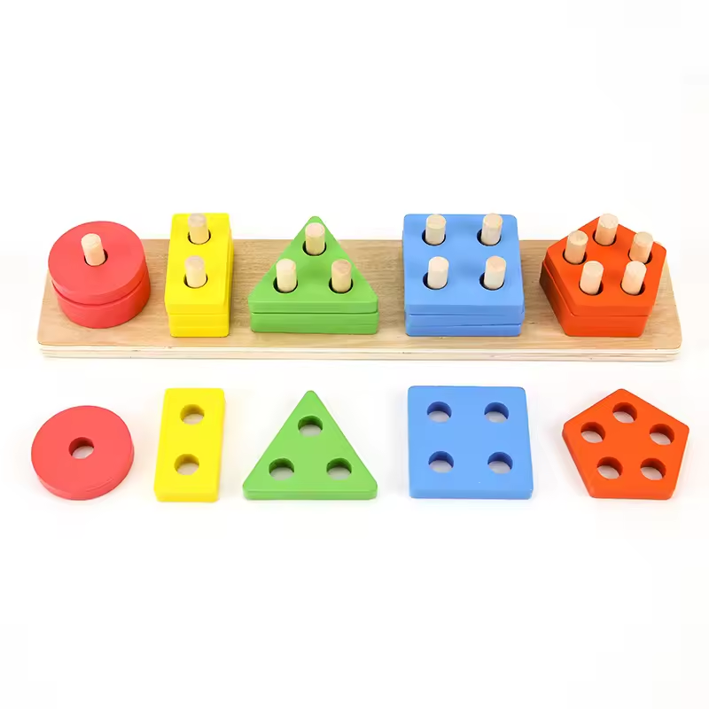 Wooden shape sorting stacker with five shapes in five colours on pegs counting one to five