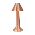 Rose gold cordless LED table lamp with a minimalist design and touch control, showcasing 3 adjustable color modes and a rechargeable battery.